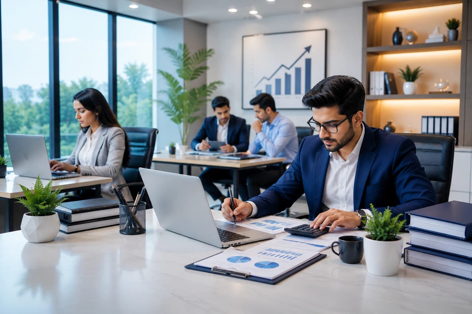 Accounting firm office with team collaborating on financials