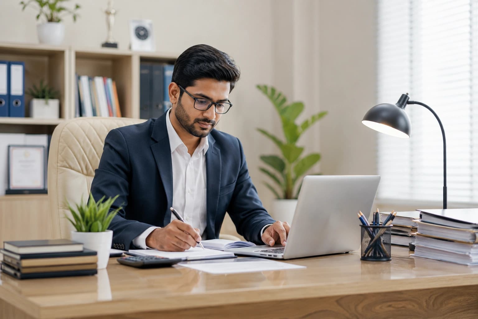 Independent CA at desk working with client documents
