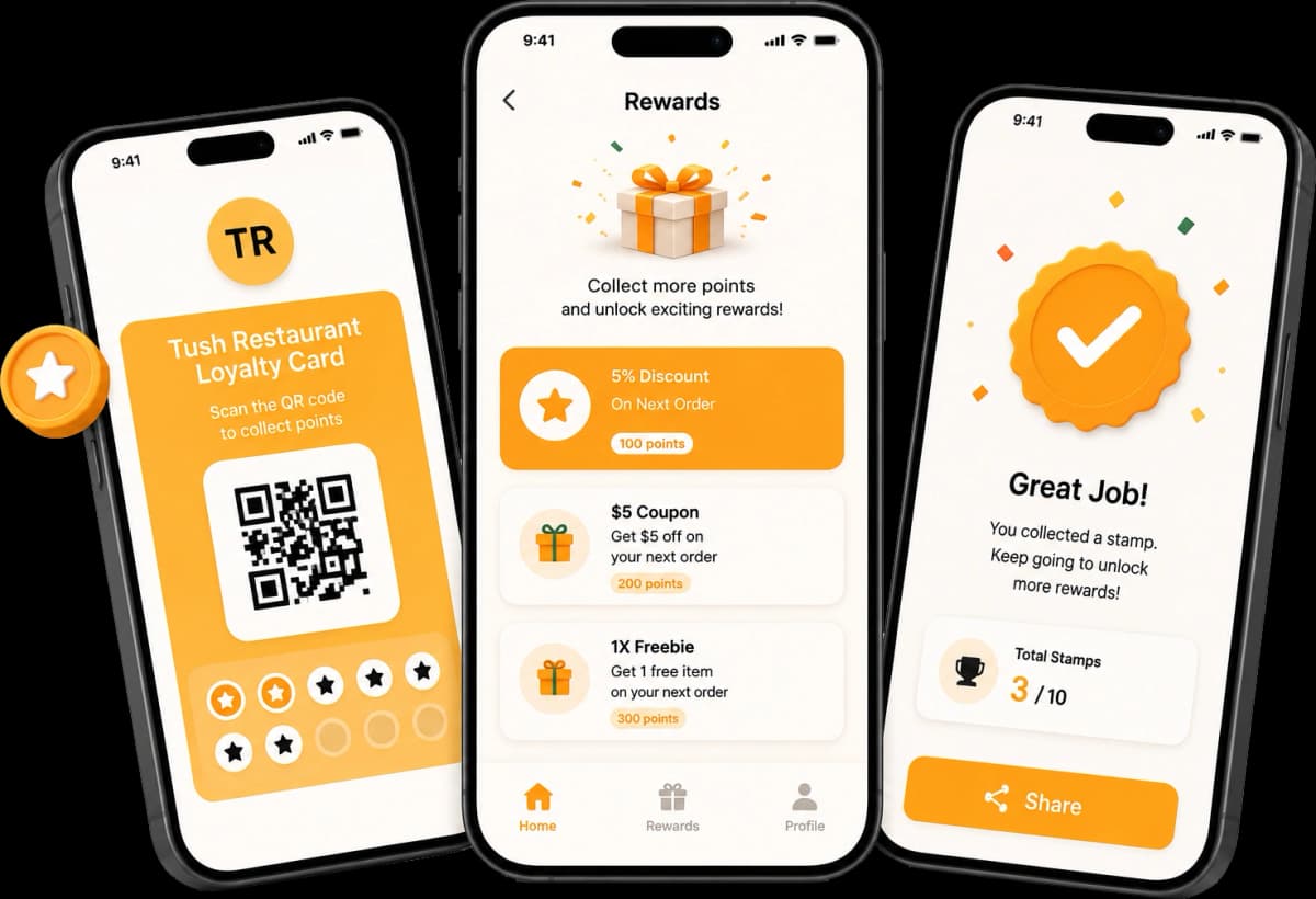 Loyalty rewards app on three phones